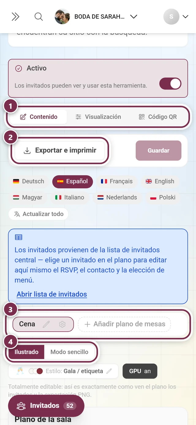 Editor del plano de mesas con el aviso azul sobre la lista de invitados central y el selector de planos