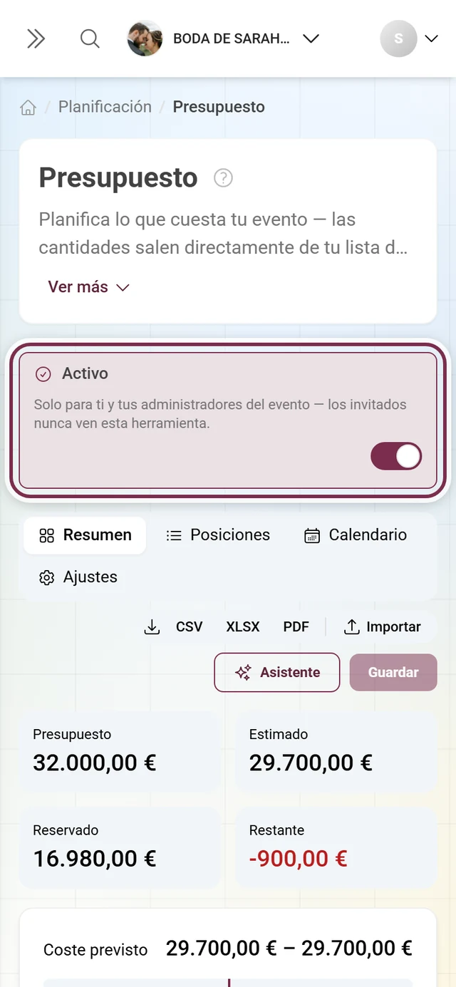 Editor de Presupuesto con la línea explicativa para herramientas puramente administrativas