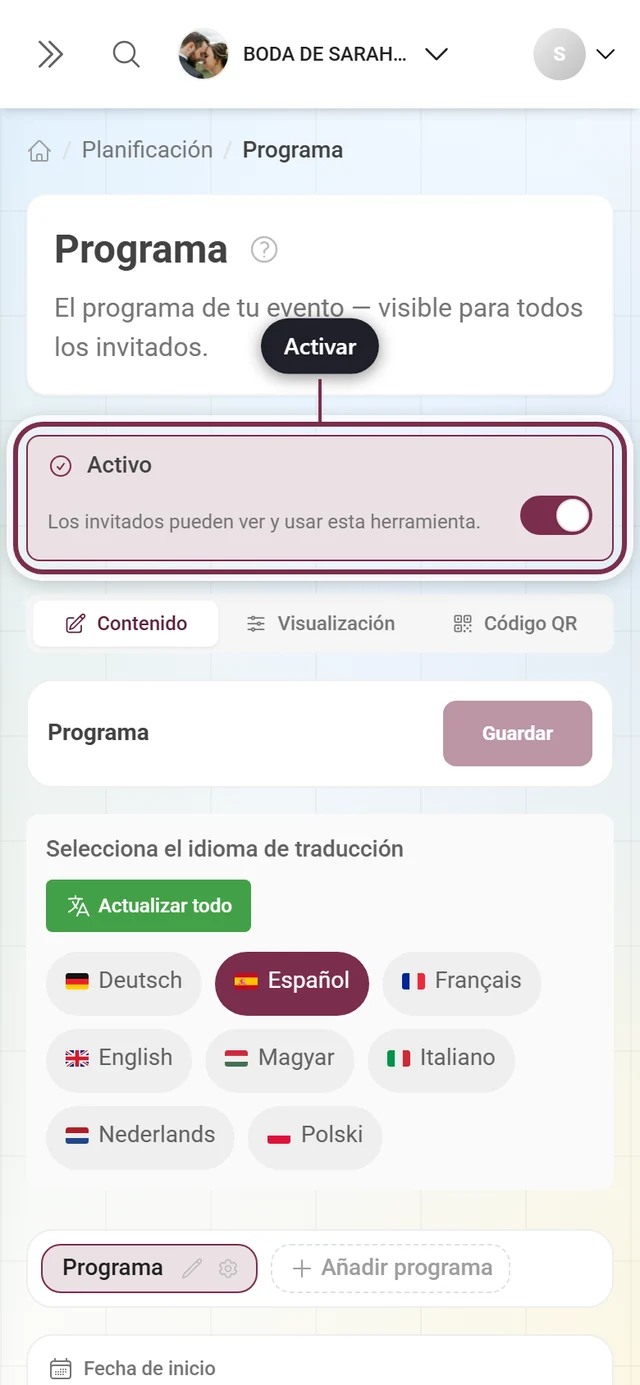 Editor de herramienta con la franja de activa resaltada sobre las pestañas