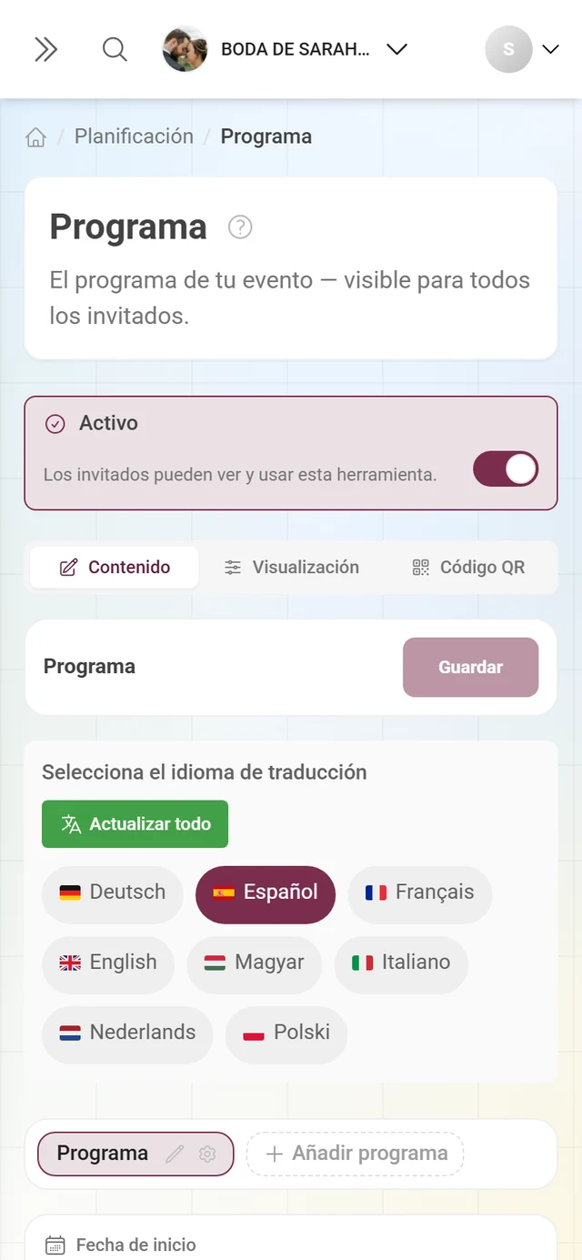 Editor de una herramienta con la franja de activa y la barra de pestañas