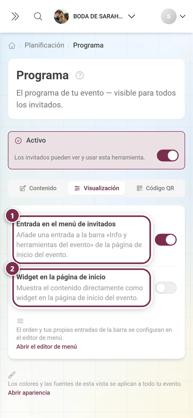 Pestaña Visualización con anillos numerados alrededor de los dos interruptores