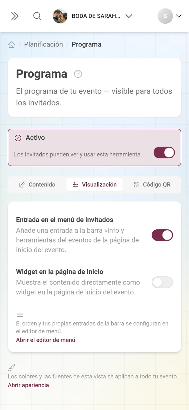 Pestaña Visualización con los interruptores para el widget y el menú de invitados