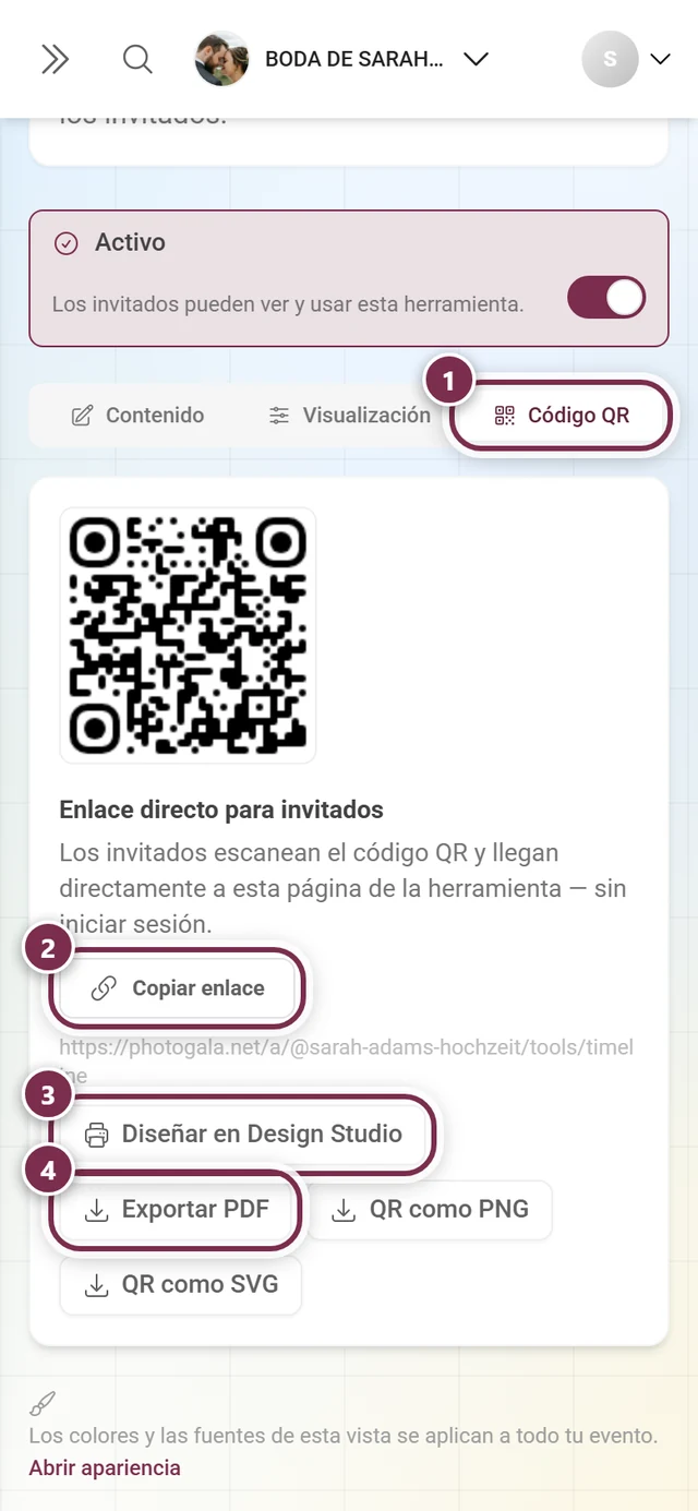 Pestaña Código QR con anillos numerados alrededor de la pestaña, Copiar enlace, Diseñar en Design Studio y Exportar PDF
