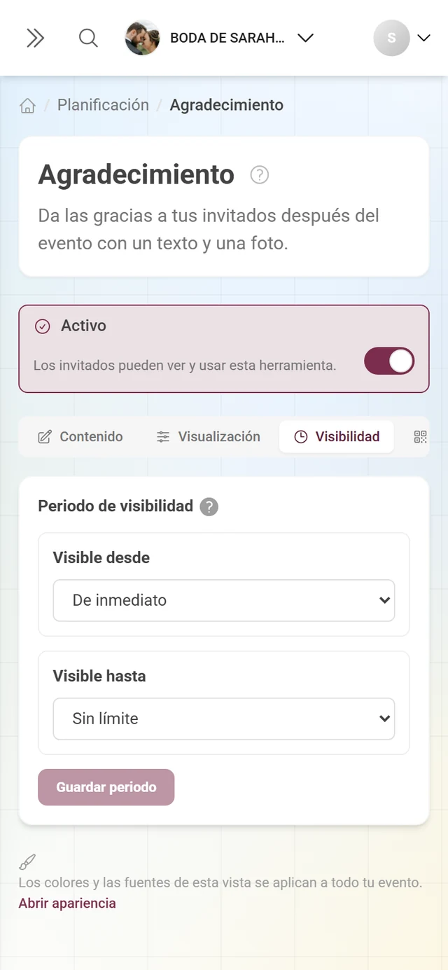 Pestaña Visibilidad con los modos para el momento de inicio y de fin