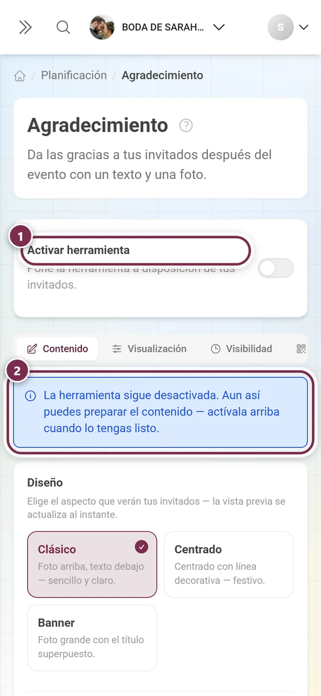 Nota de agradecimiento con la herramienta desactivada y aviso azul sobre el modo borrador