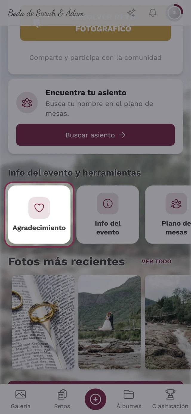 Tarjeta de la nota de agradecimiento en la barra Info del evento y herramientas de la vista del invitado