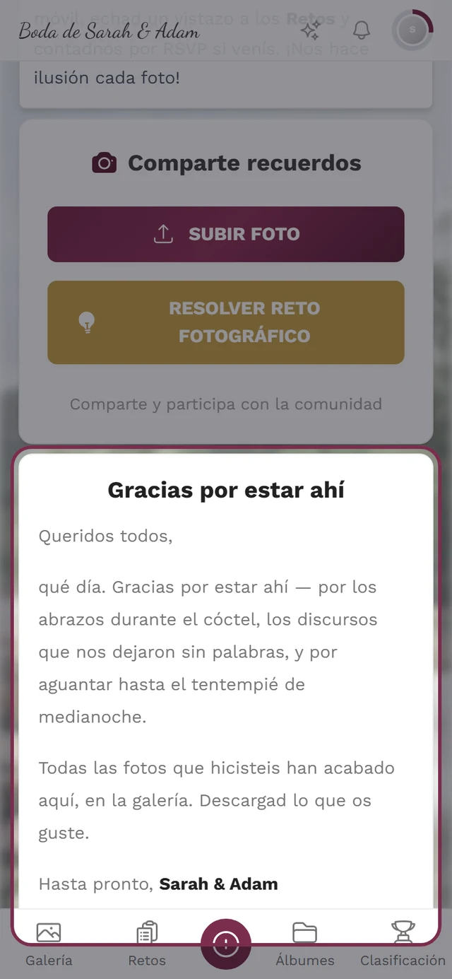 Nota de agradecimiento como widget en la página de inicio del evento, vista del invitado