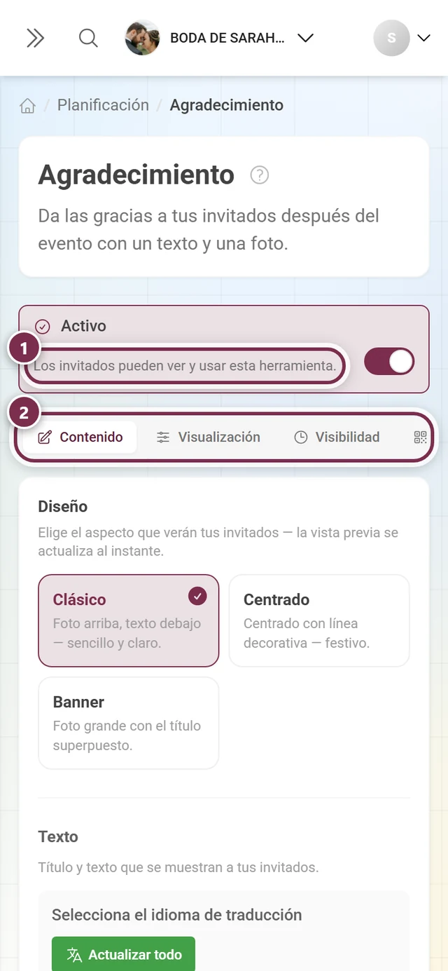 Cabecera de la nota de agradecimiento con el interruptor Activo y las cuatro pestañas