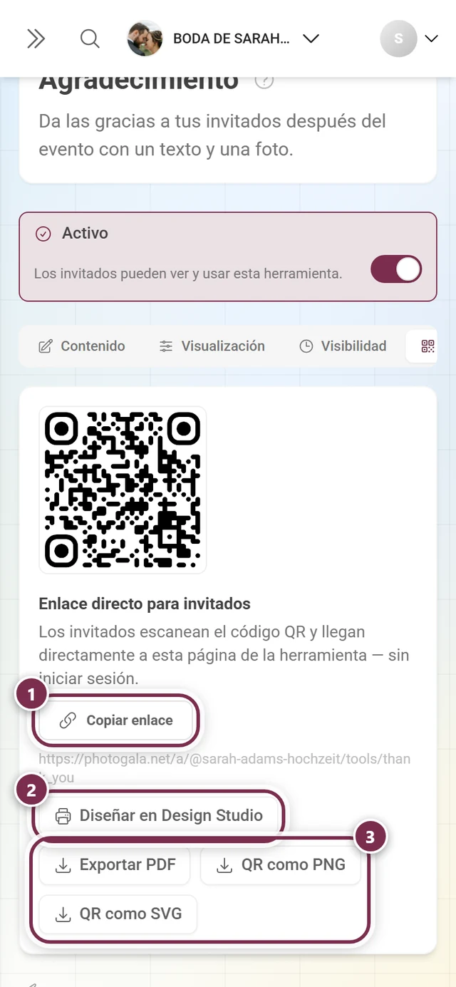 Pestaña Código QR con el enlace directo, el botón de Design Studio y las tres exportaciones de archivo