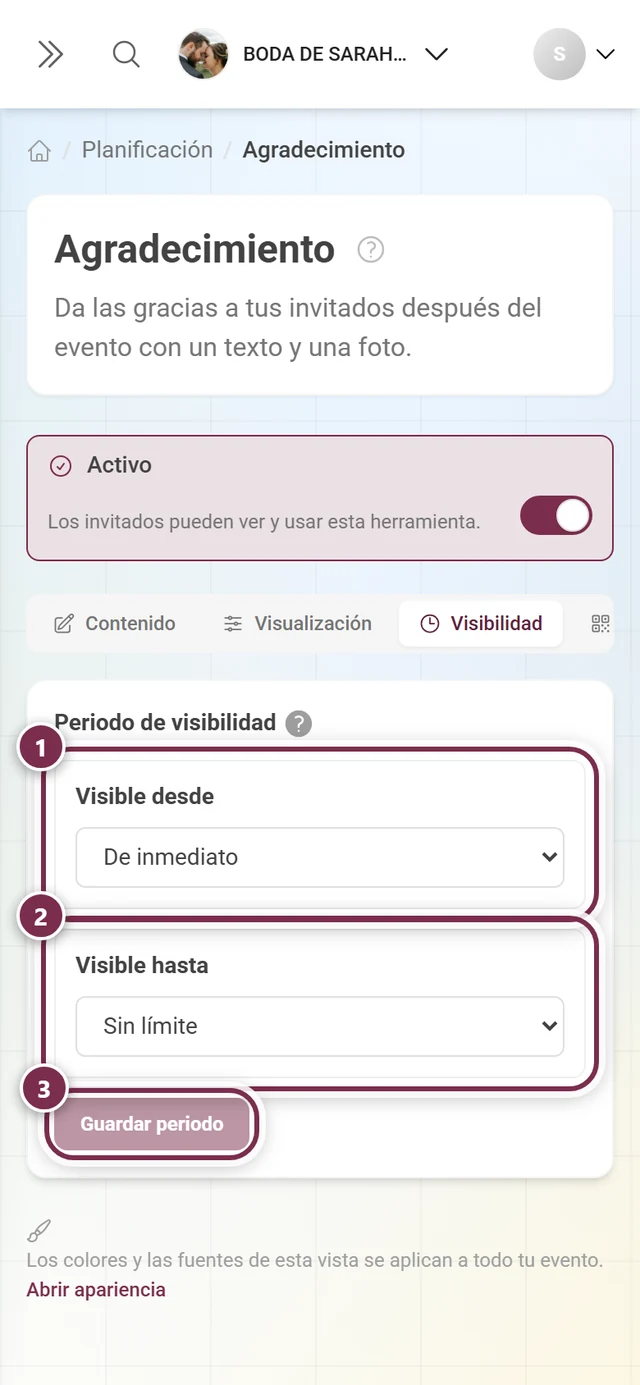 Pestaña Visibilidad en su estado inicial con De inmediato e Ilimitado