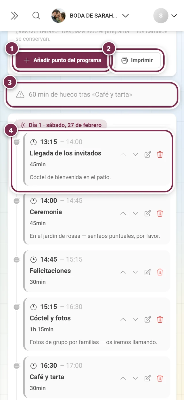 Editor de programa con Añadir punto del programa, Imprimir, el aviso de hueco y el primer punto marcados