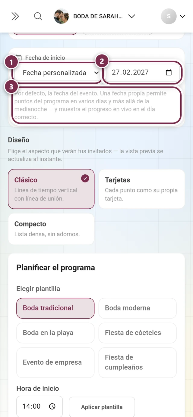 Sección Fecha de inicio con la lista desplegable, el campo de fecha y el texto explicativo marcados