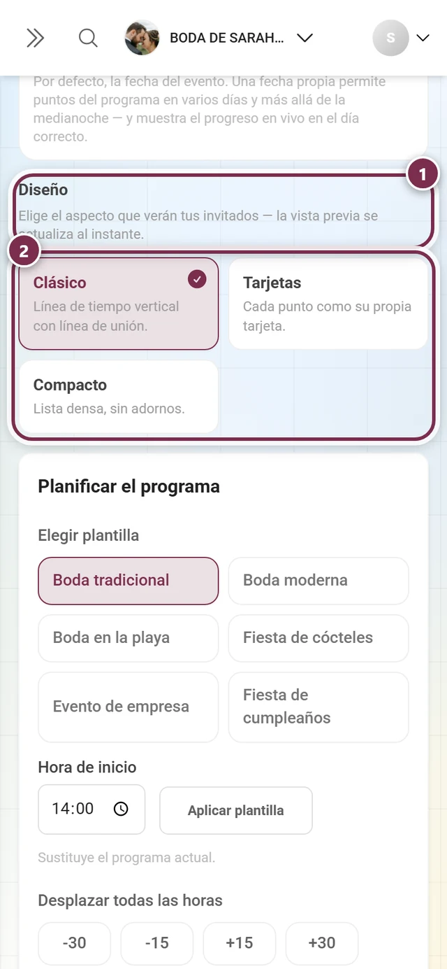 Sección Diseño con el encabezado, su aviso y las tres tarjetas de diseño marcados