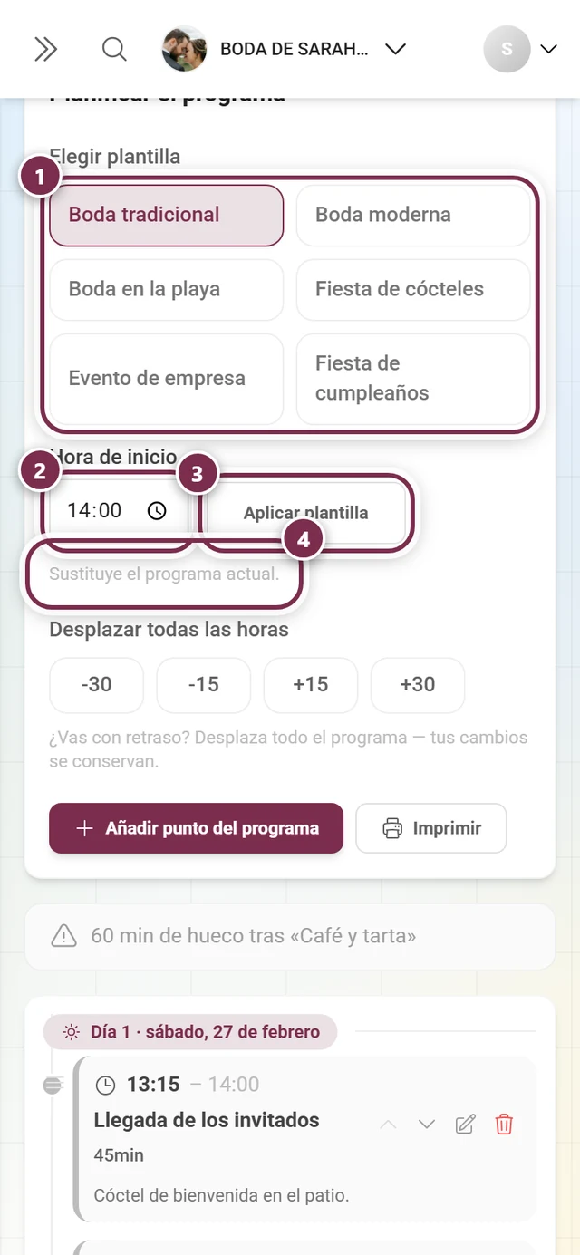 Sección Planificar el programa con la cuadrícula de plantillas, la hora de inicio, Aplicar plantilla y el aviso marcados
