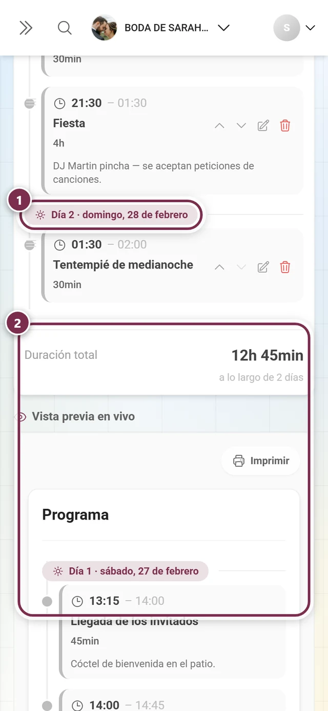 Final de la lista de puntos del programa con el separador de día y el pie de Duración total marcados