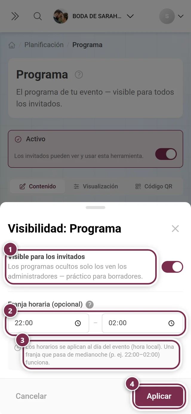 Diálogo Visibilidad: Programa con el interruptor, los dos campos de hora, el aviso y el botón Aplicar marcados