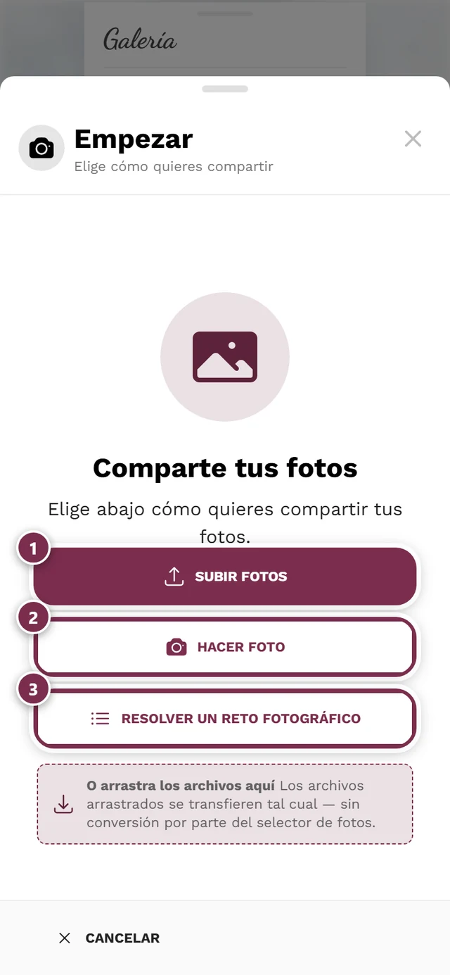 Diálogo de subida con las fuentes Subir fotos y Hacer foto