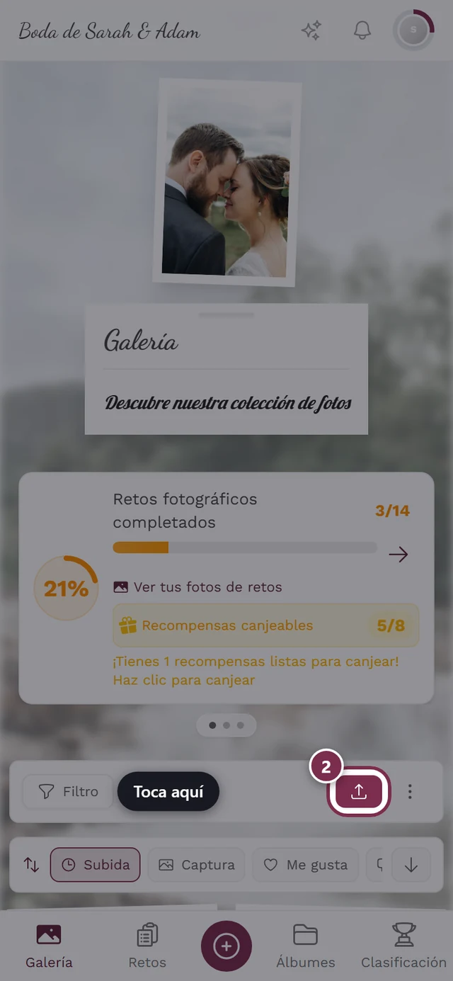 Botón de subida destacado en la galería