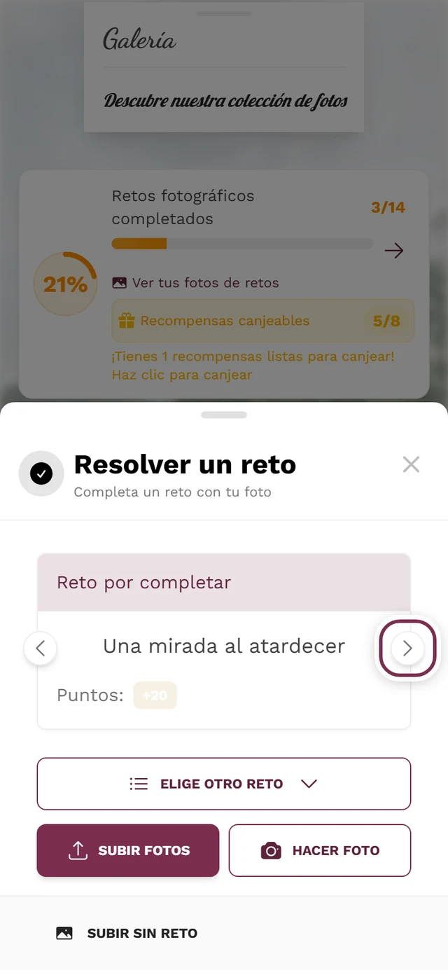 Tarjeta de reto en el diálogo de subida con la flecha Reto siguiente marcada
