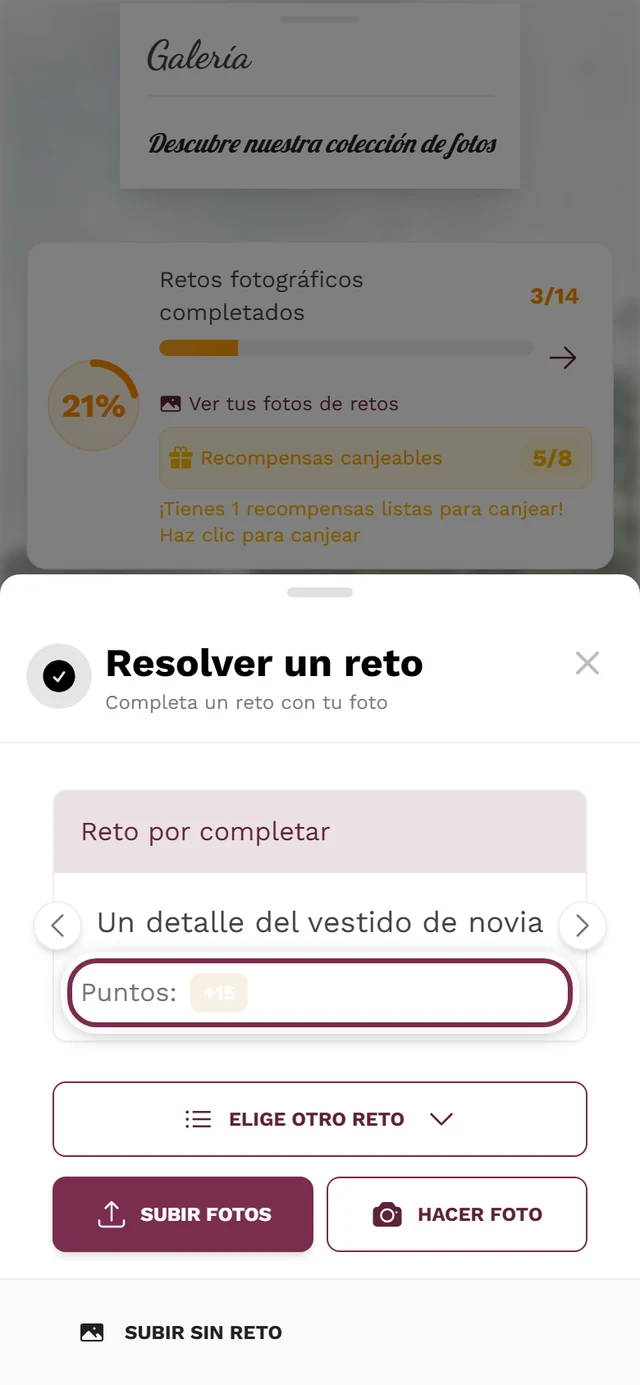 Tarjeta de reto en el diálogo de subida con el chip de puntos resaltado