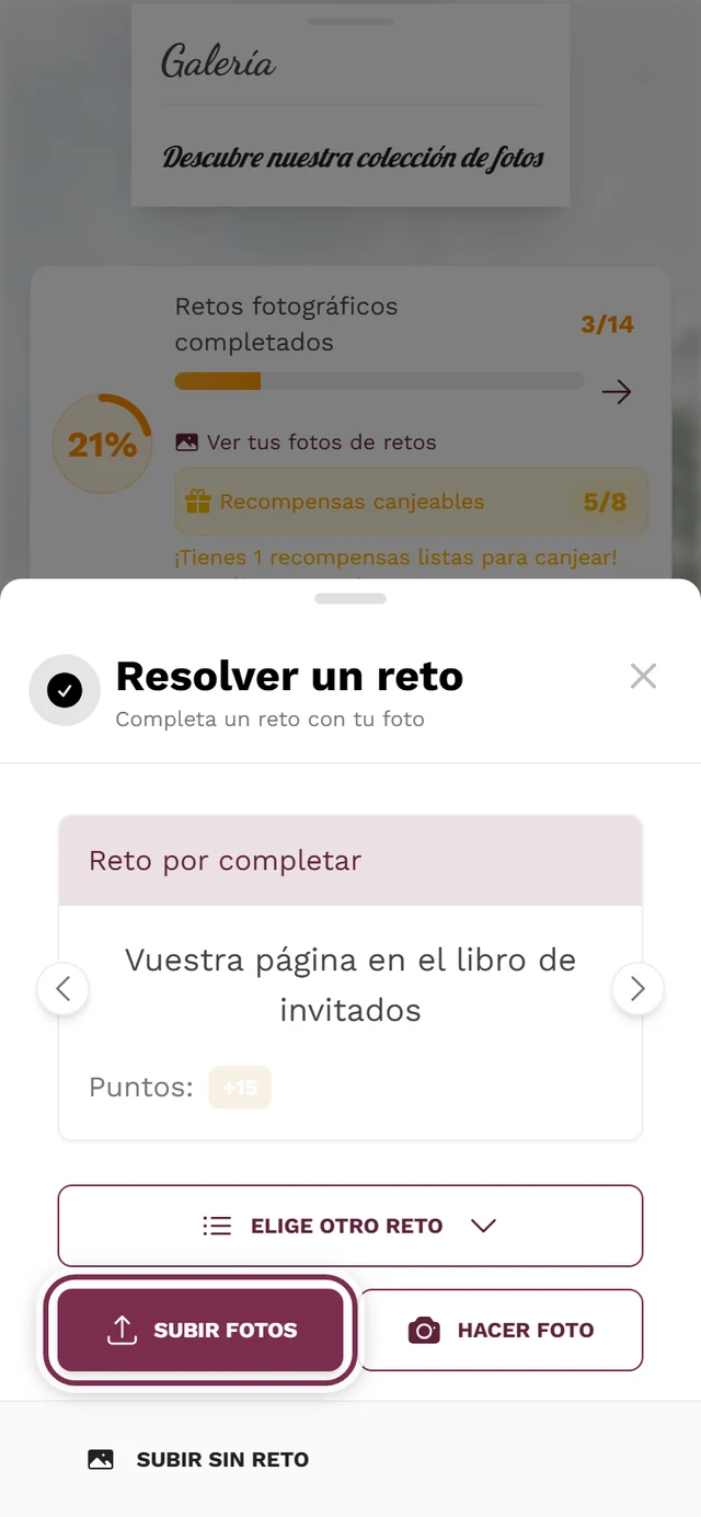 Paso 2 del diálogo de subida con el reto elegido, el botón Subir fotos resaltado