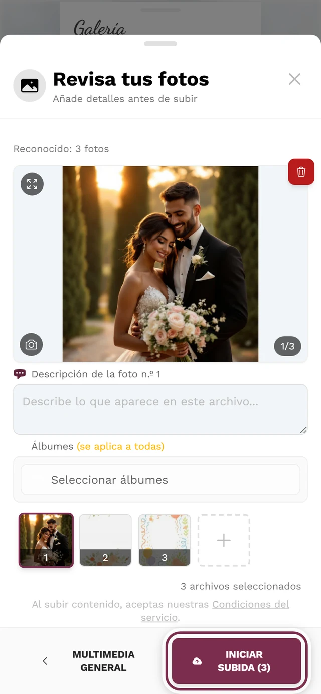 Pantalla de revisión de la subida con la vista previa grande, la tira de miniaturas y el botón Iniciar subida resaltado