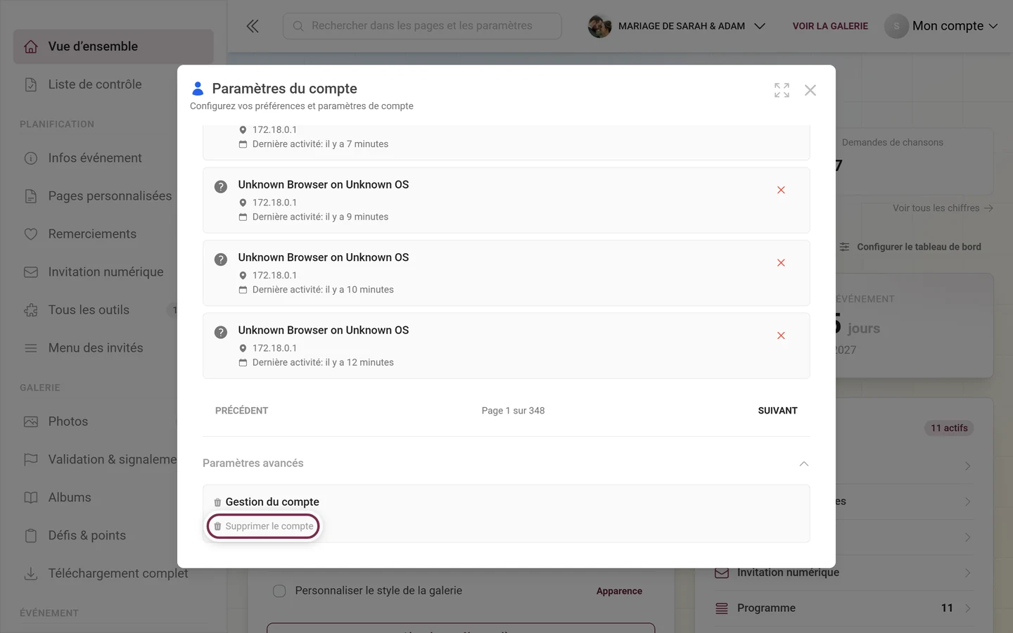 Onglet Sécurité, Paramètres avancés déplié avec l'entrée Supprimer le compte mise en évidence