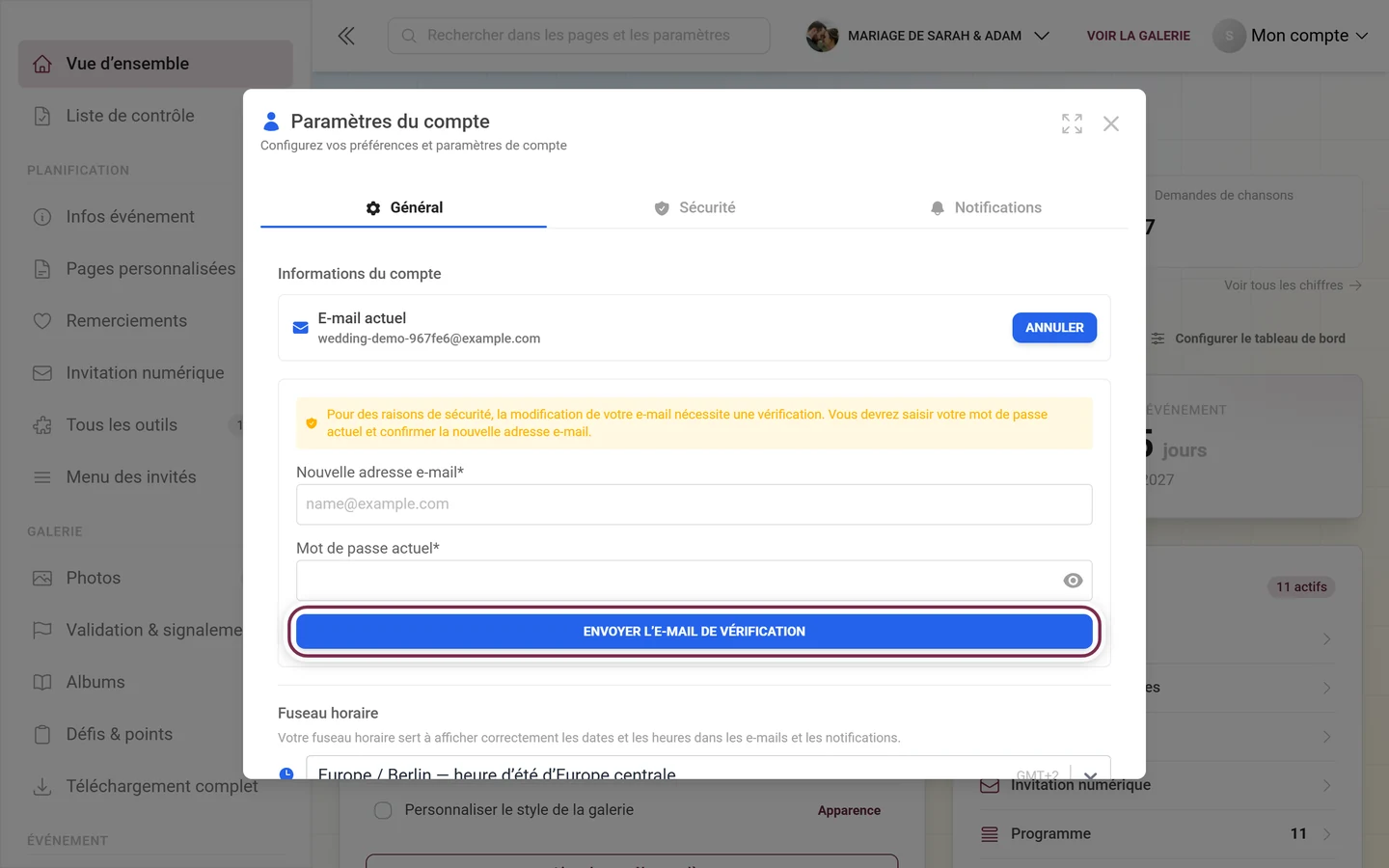 Paramètres du compte avec le formulaire de modification de l'e-mail ouvert, le bouton Envoyer l'e-mail de vérification est mis en évidence