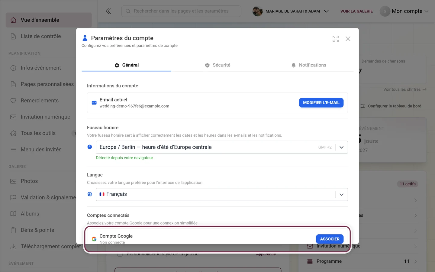 Paramètres du compte, section Comptes connectés avec la ligne Compte Google mise en évidence