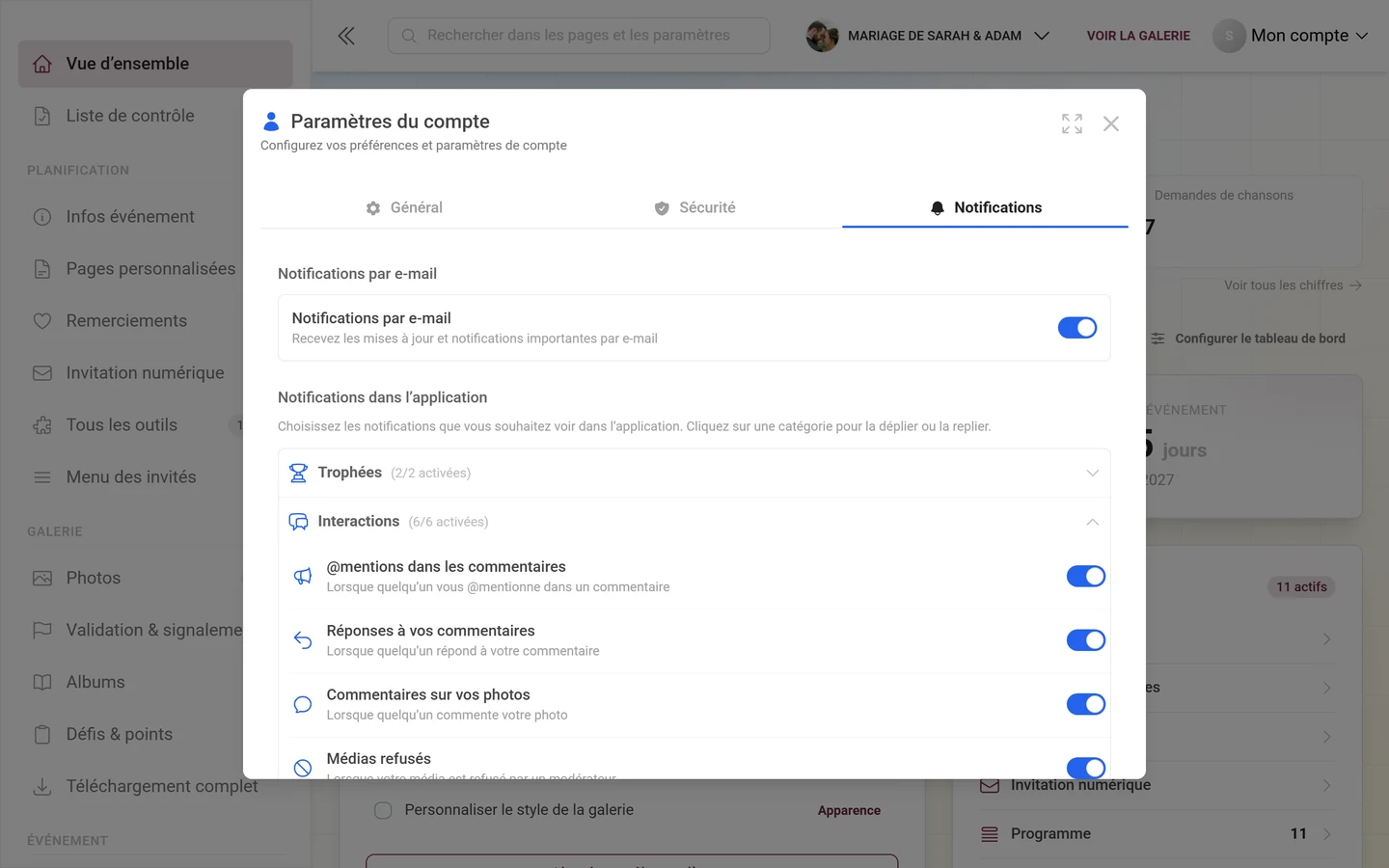 Onglet Notifications avec la catégorie Interactions dépliée
