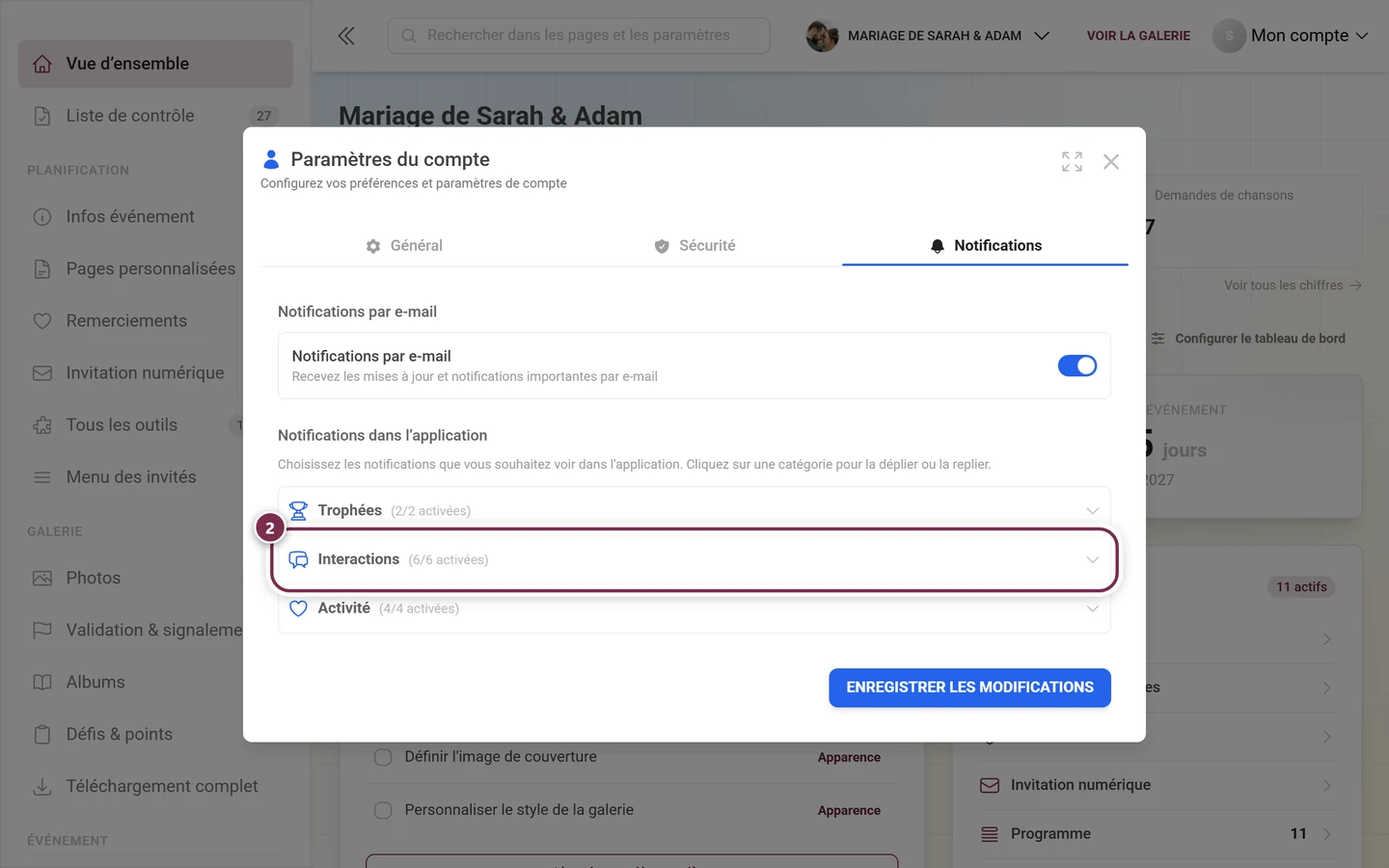 Onglet Notifications avec les trois catégories repliées, l'en-tête Interactions est mis en évidence en rouge