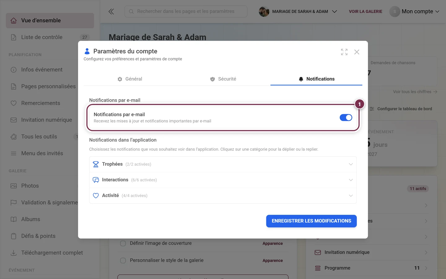 Onglet Notifications avec le bloc Notifications par e-mail mis en évidence en rouge et l'interrupteur à droite