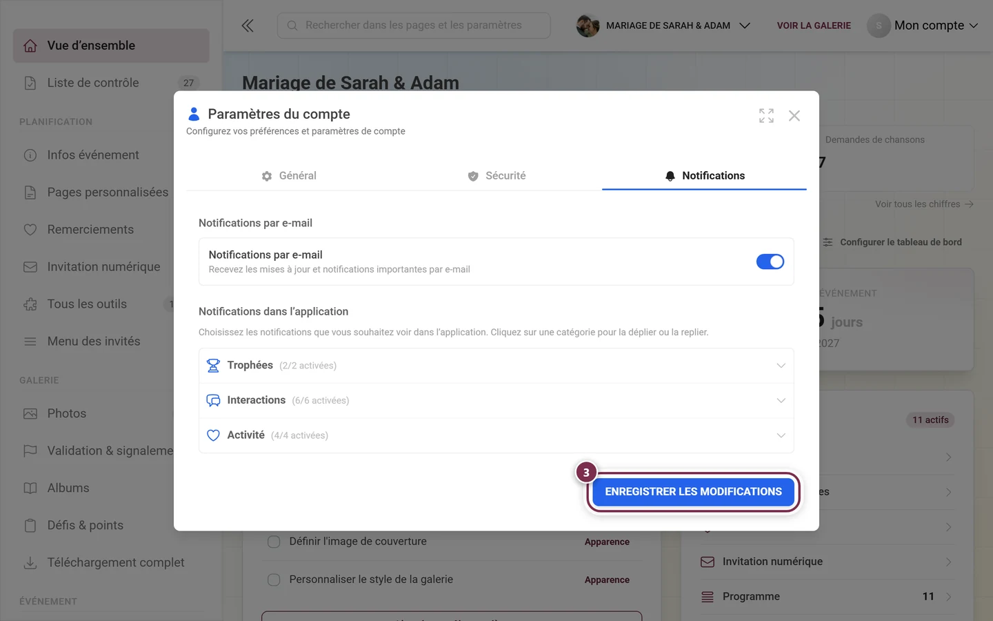 Bas de l'onglet Notifications avec le bouton Enregistrer les modifications mis en évidence en rouge