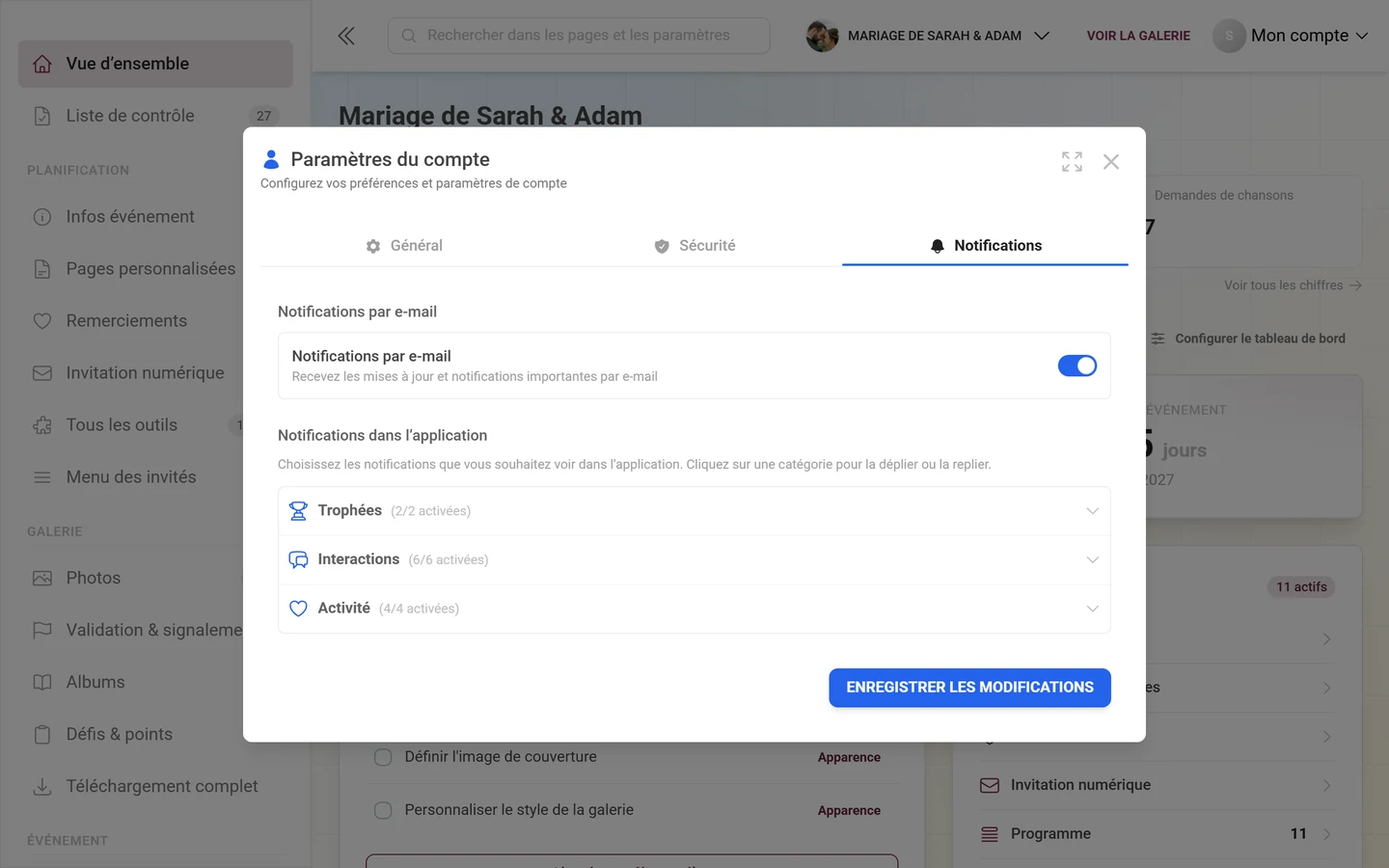 Boîte de dialogue Paramètres du compte avec l'onglet Notifications actif