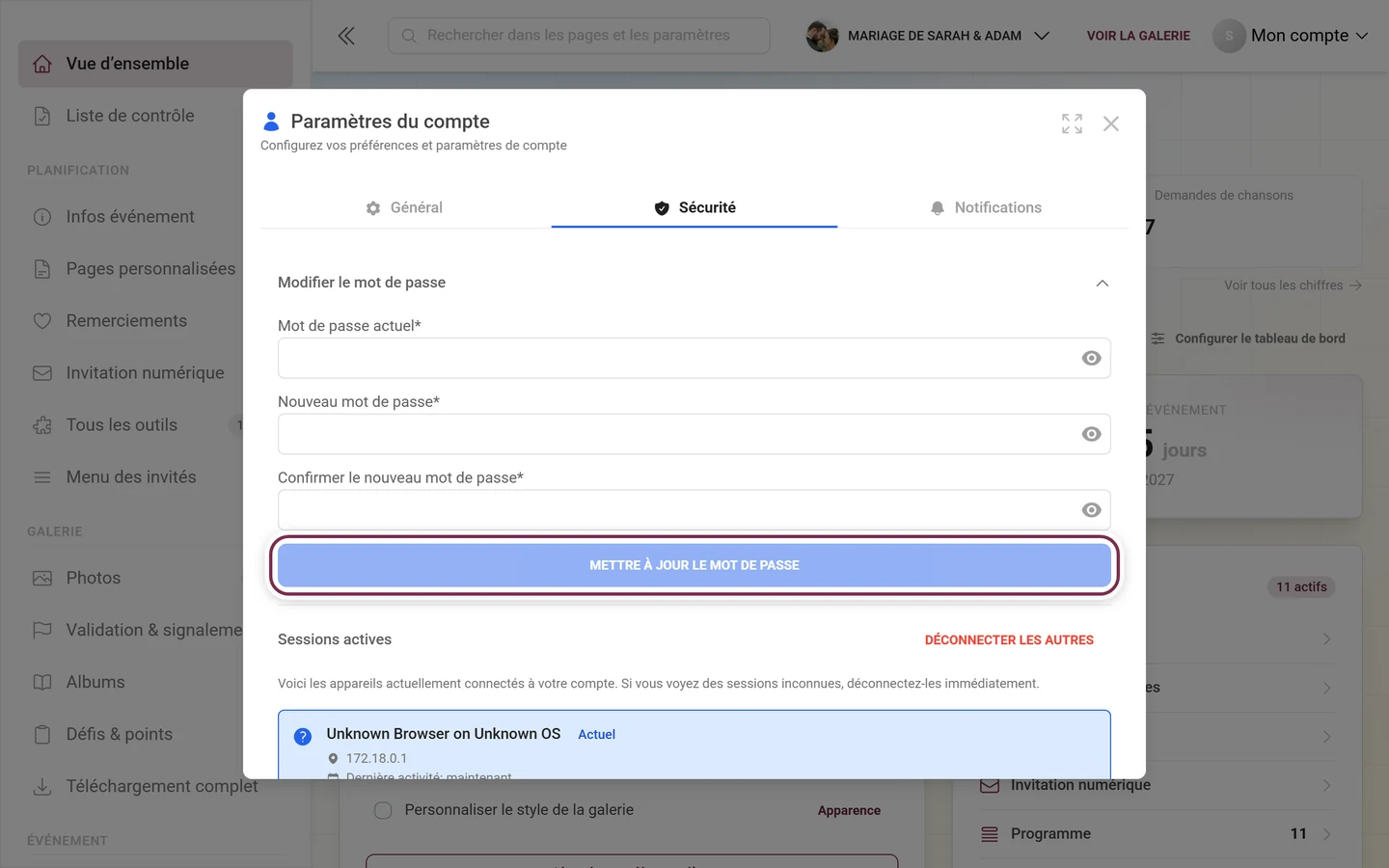 Onglet Sécurité des paramètres du compte avec le formulaire de mot de passe déplié, le bouton de validation est mis en évidence