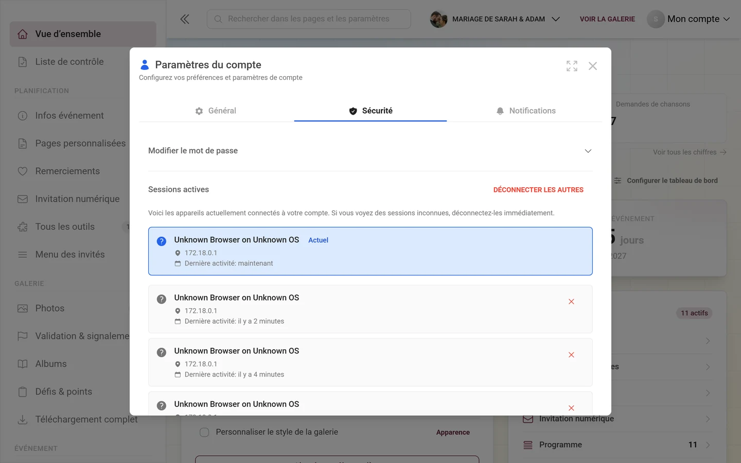 Onglet Sécurité des paramètres du compte avec la liste des sessions actives