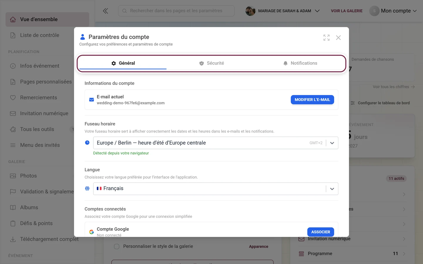 Boîte de dialogue Paramètres du compte avec la barre d'onglets surlignée en rouge