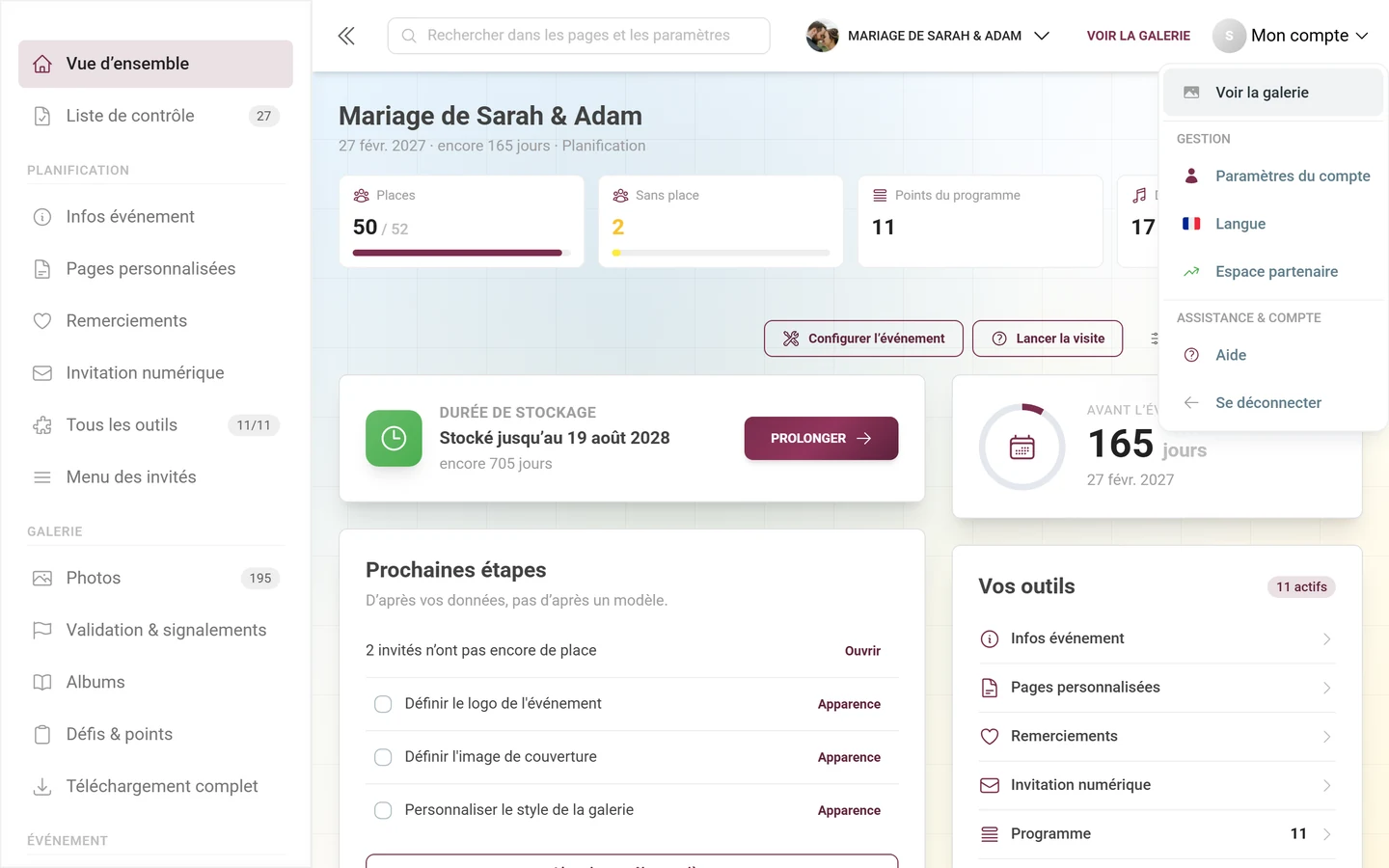 Menu de compte ouvert dans l'espace d'administration avec la section Gestion