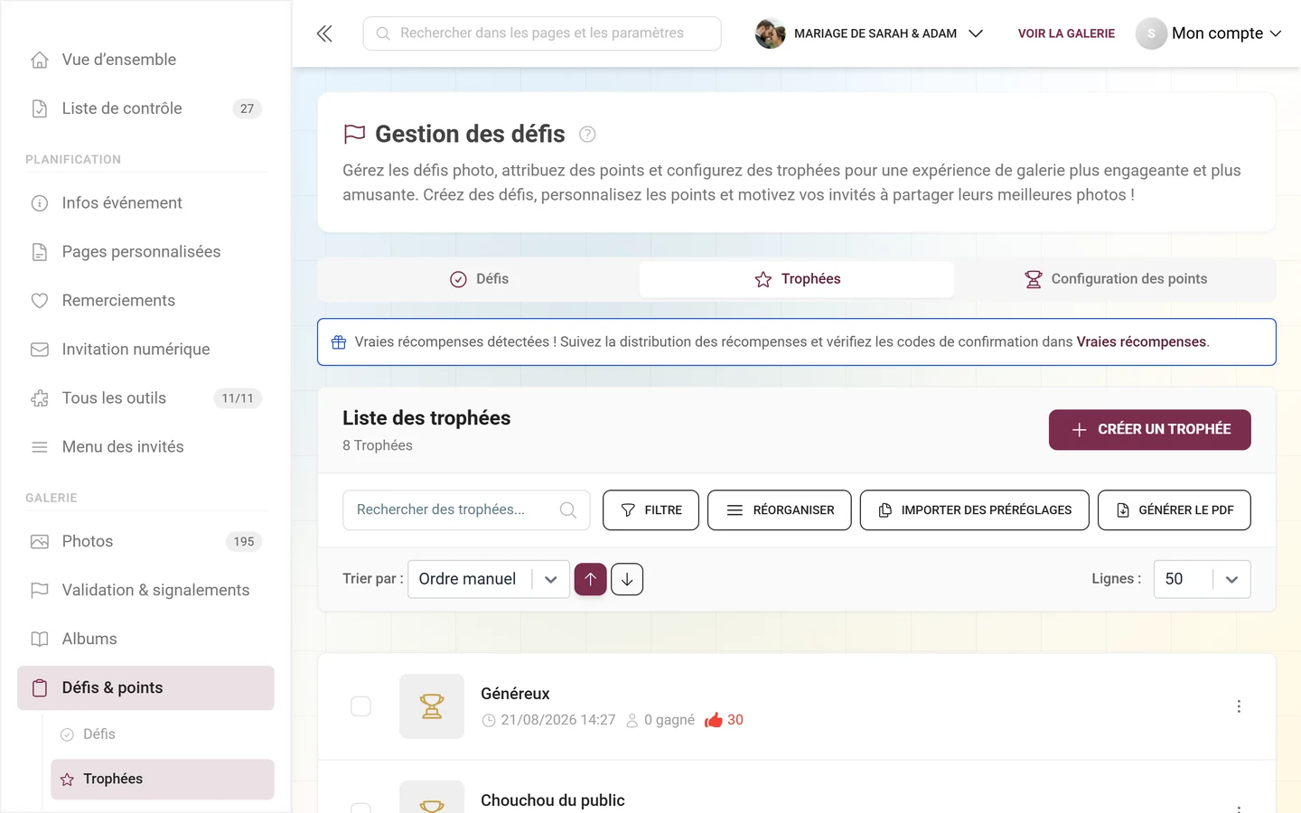 Liste des trophées dans la rubrique Défis et points
