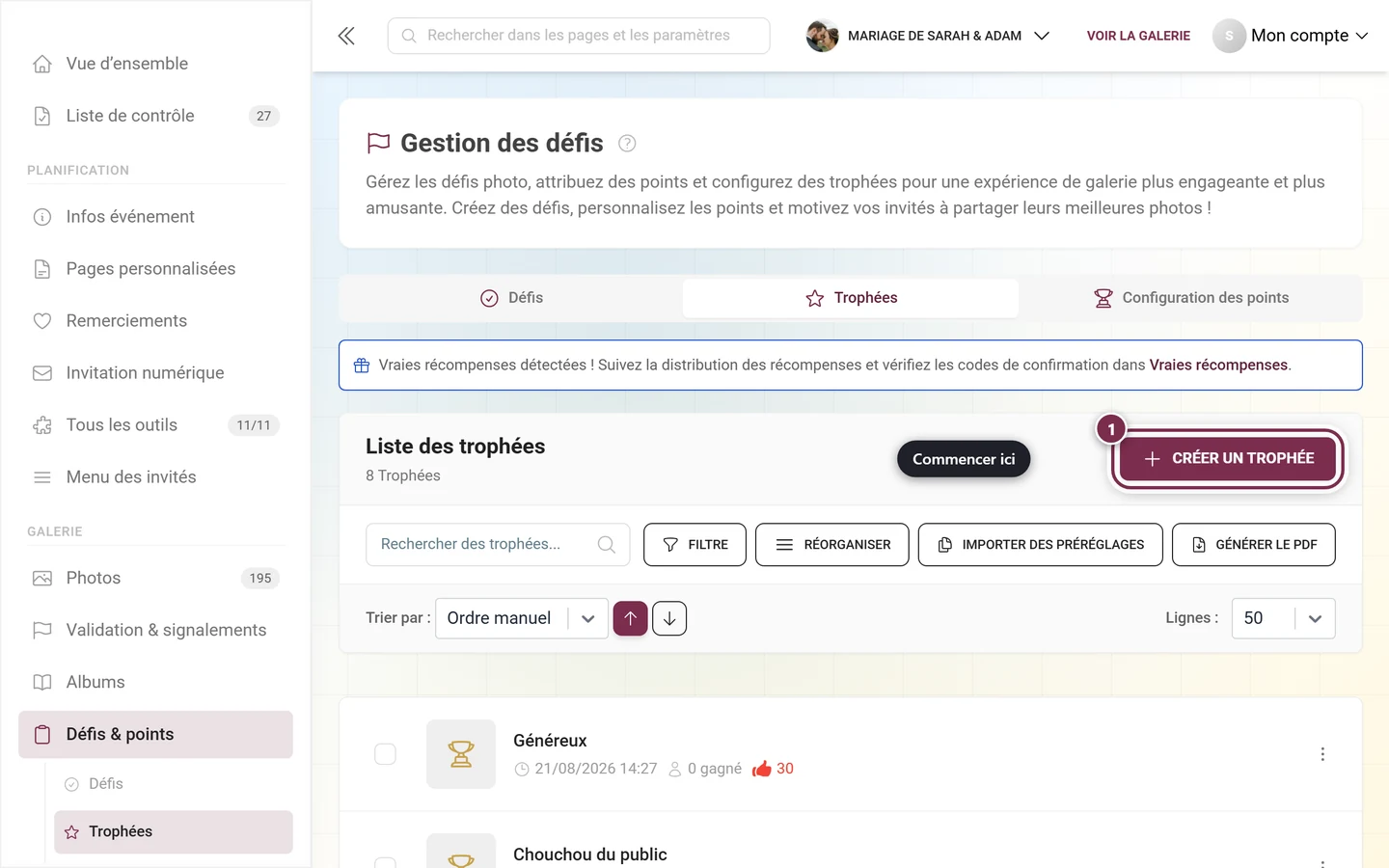 Gestion des trophées avec le bouton Créer un trophée surligné en rouge au-dessus de la liste