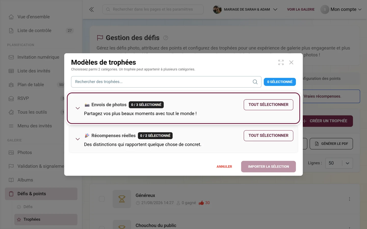 Fenêtre Modèles de trophées avec la première ligne de catégorie surlignée en rouge