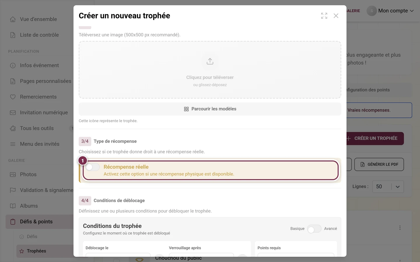 Section Type de récompense dans l'éditeur avec l'interrupteur Récompense réelle encore désactivé surligné en rouge
