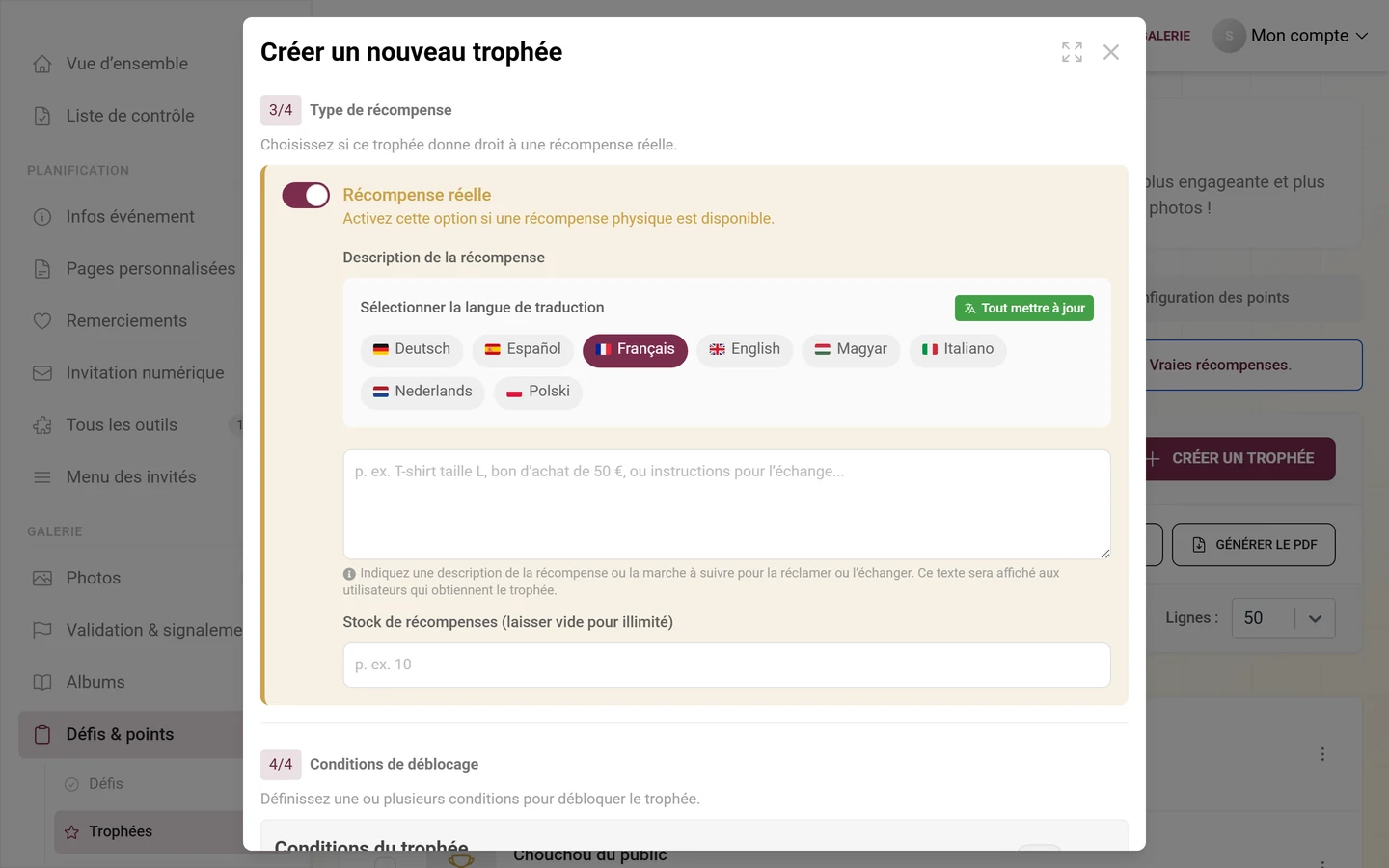 Section 3/4 Type de récompense avec l'interrupteur Récompense réelle activé, description de la récompense et stock de récompenses