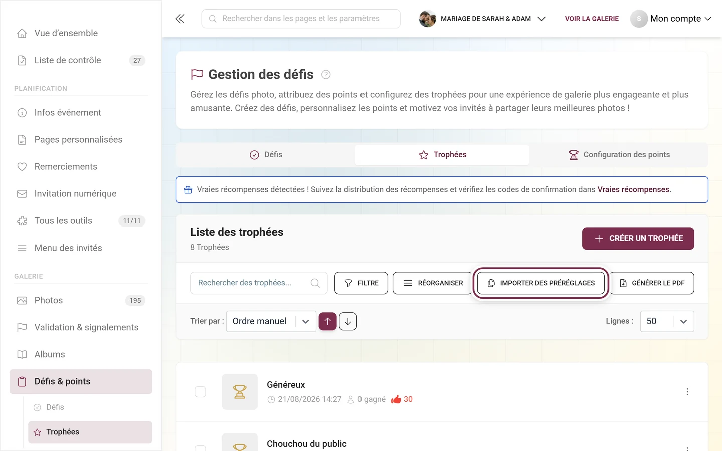 Barre d'outils de la gestion des trophées avec le bouton Importer des modèles surligné en rouge