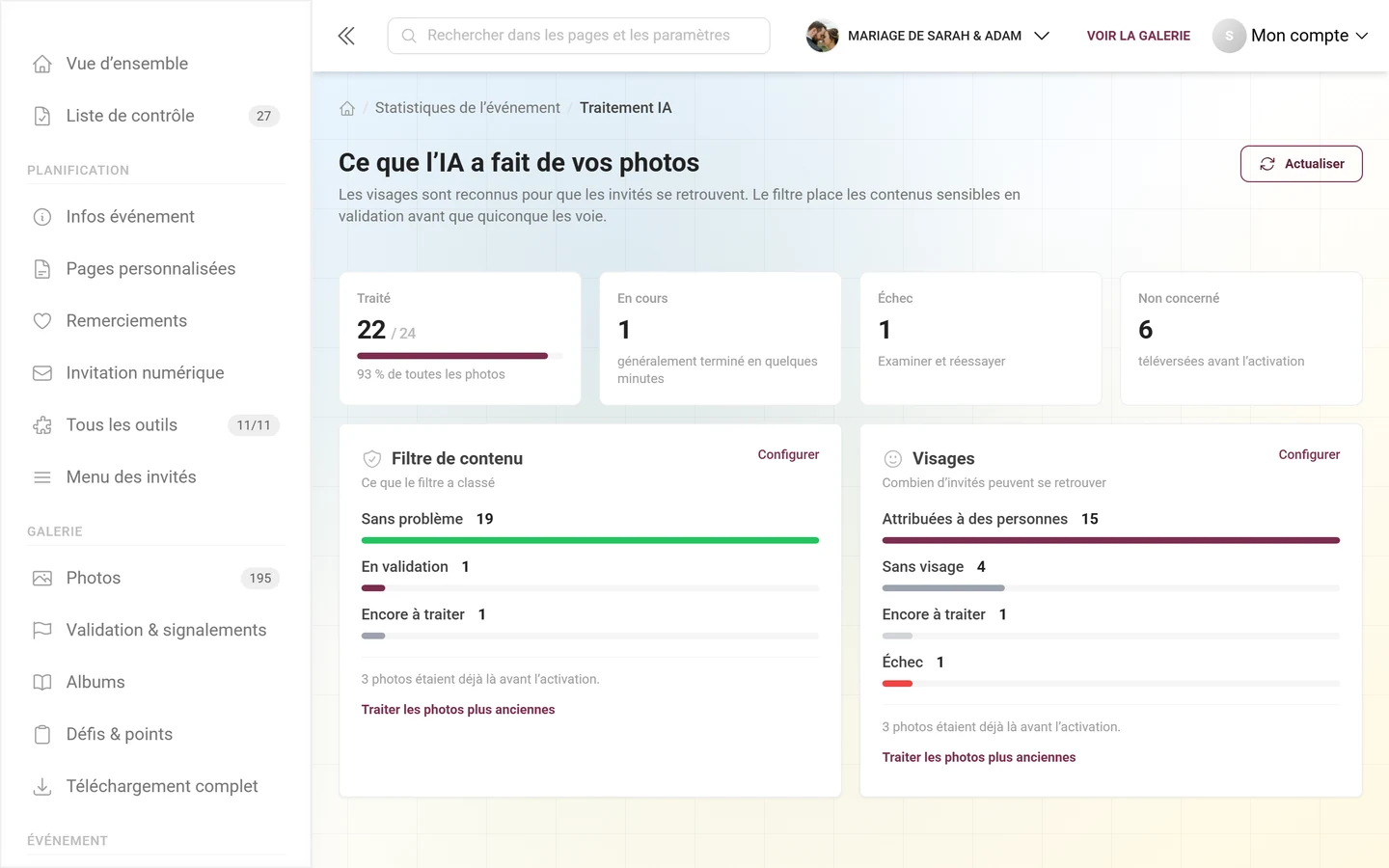 Page « Ce que l'IA a fait de vos photos » avec quatre vignettes de statistiques et une carte pour le filtre de contenu et une pour les visages
