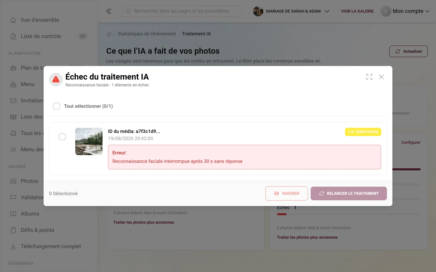 Boîte de dialogue Échec du traitement IA avec une entrée montrant une vignette, une puce de tentatives et un encadré d'erreur rouge