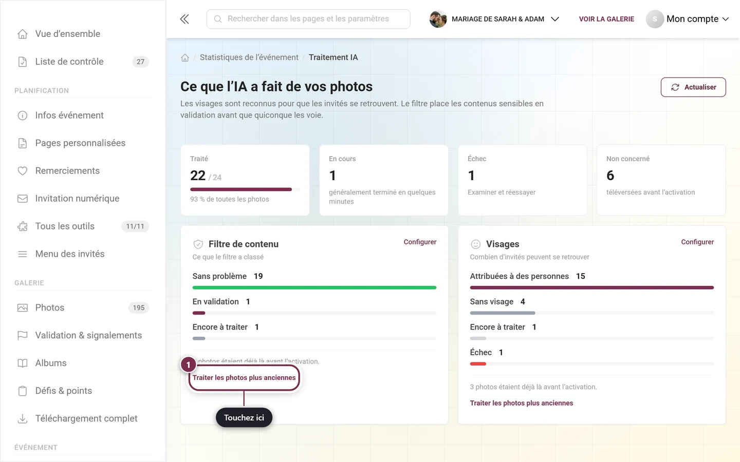 Carte de fonctionnalité du traitement IA avec le bouton Traiter les photos plus anciennes mis en évidence