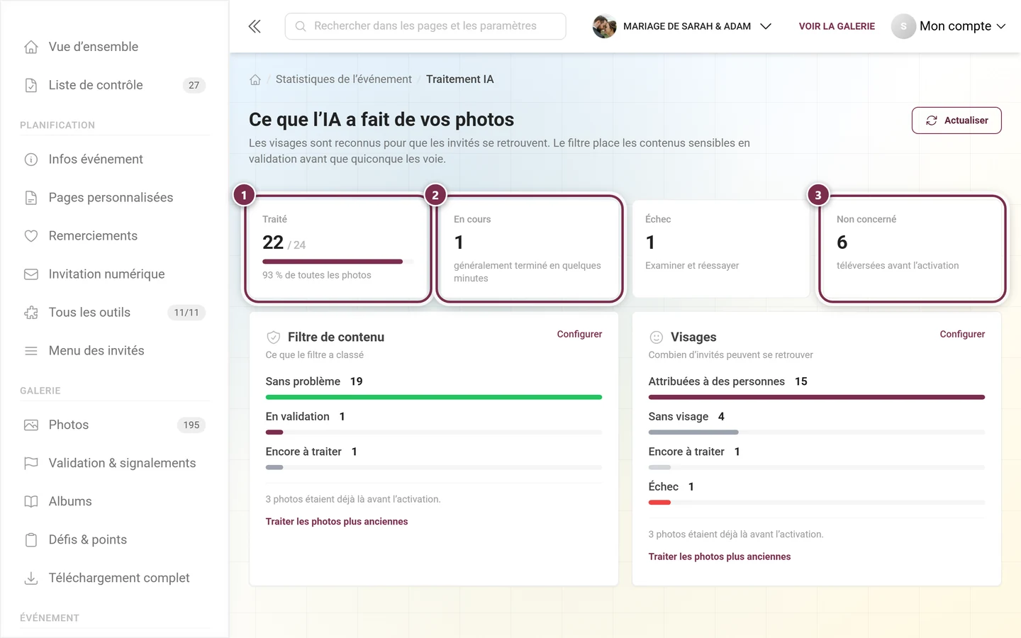 Rangée de vignettes du traitement IA avec les vignettes Traité, En cours et Non concerné mises en évidence