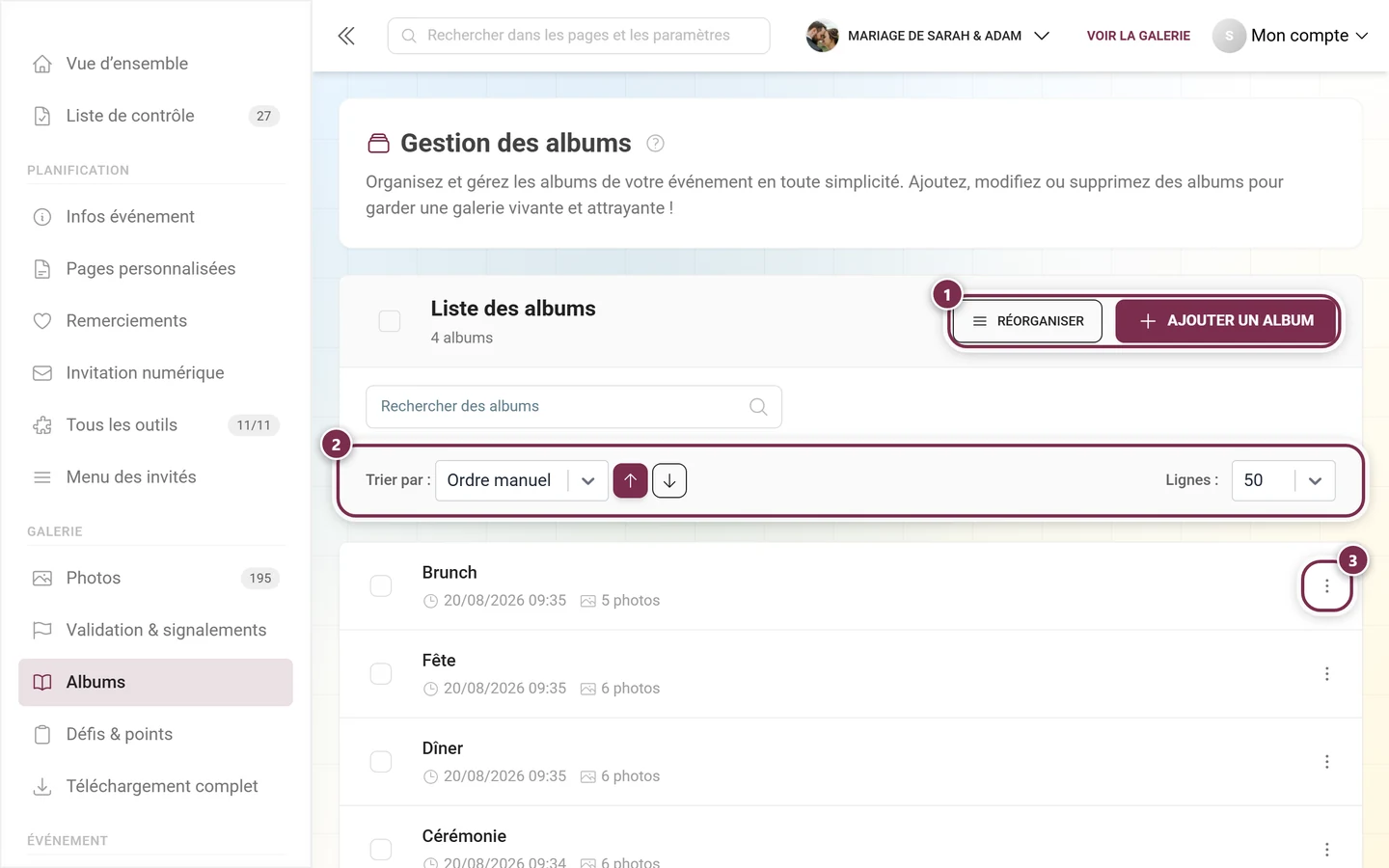 Gestionnaire d'albums avec la liste des albums et le bouton de création