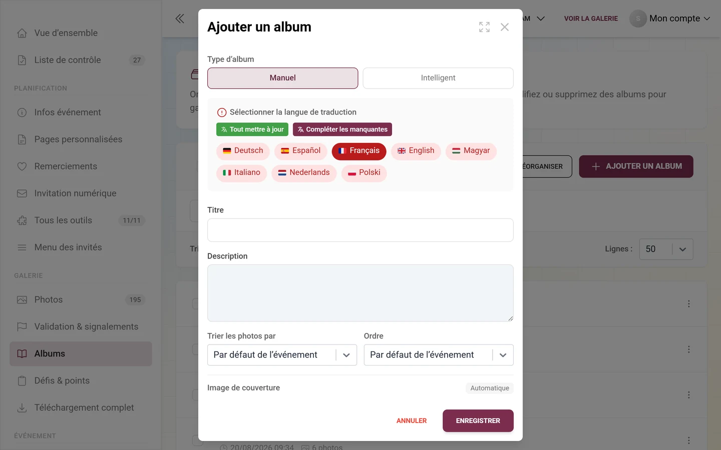 Boîte de dialogue d'ajout d'album avec type d'album, titre, description, tri des photos et image de couverture